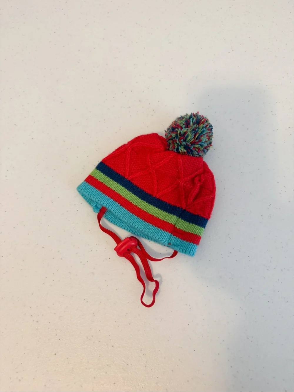 Cat or Small Dog Pom-Pom Knit Beanie Hat in Red and Aqua Stripes